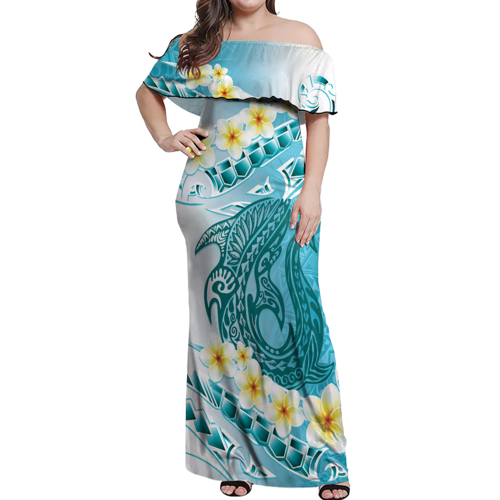 Turquoise Hawaii Shark Tattoo Off Shoulder Maxi Dress Frangipani With Polynesian Pastel Version
