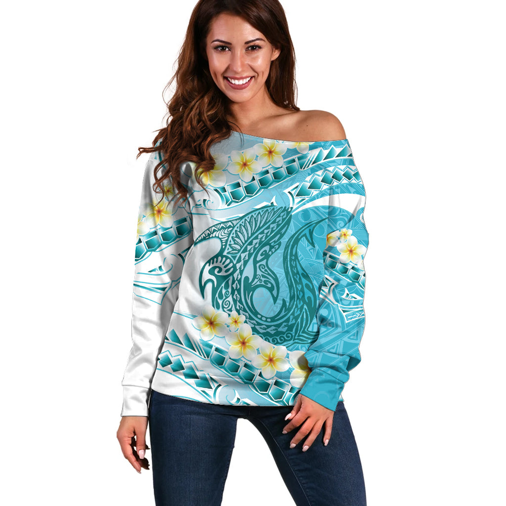 Turquoise Hawaii Shark Tattoo Off Shoulder Sweater Frangipani With Polynesian Pastel Version