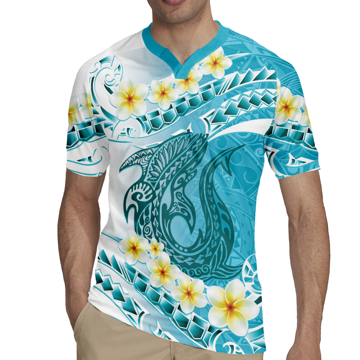 Turquoise Hawaii Shark Tattoo Rugby Jersey Frangipani With Polynesian Pastel Version