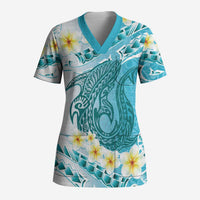 Turquoise Hawaii Shark Tattoo Scrub Top Frangipani With Polynesian Pastel Version - Polynesian Pride