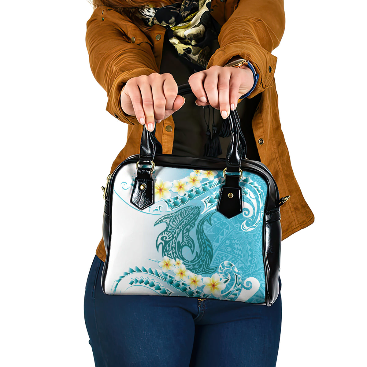 Turquoise Hawaii Shark Tattoo Shoulder Handbag Frangipani With Polynesian Pastel Version LT14 One Size Turquoise - Polynesian Pride