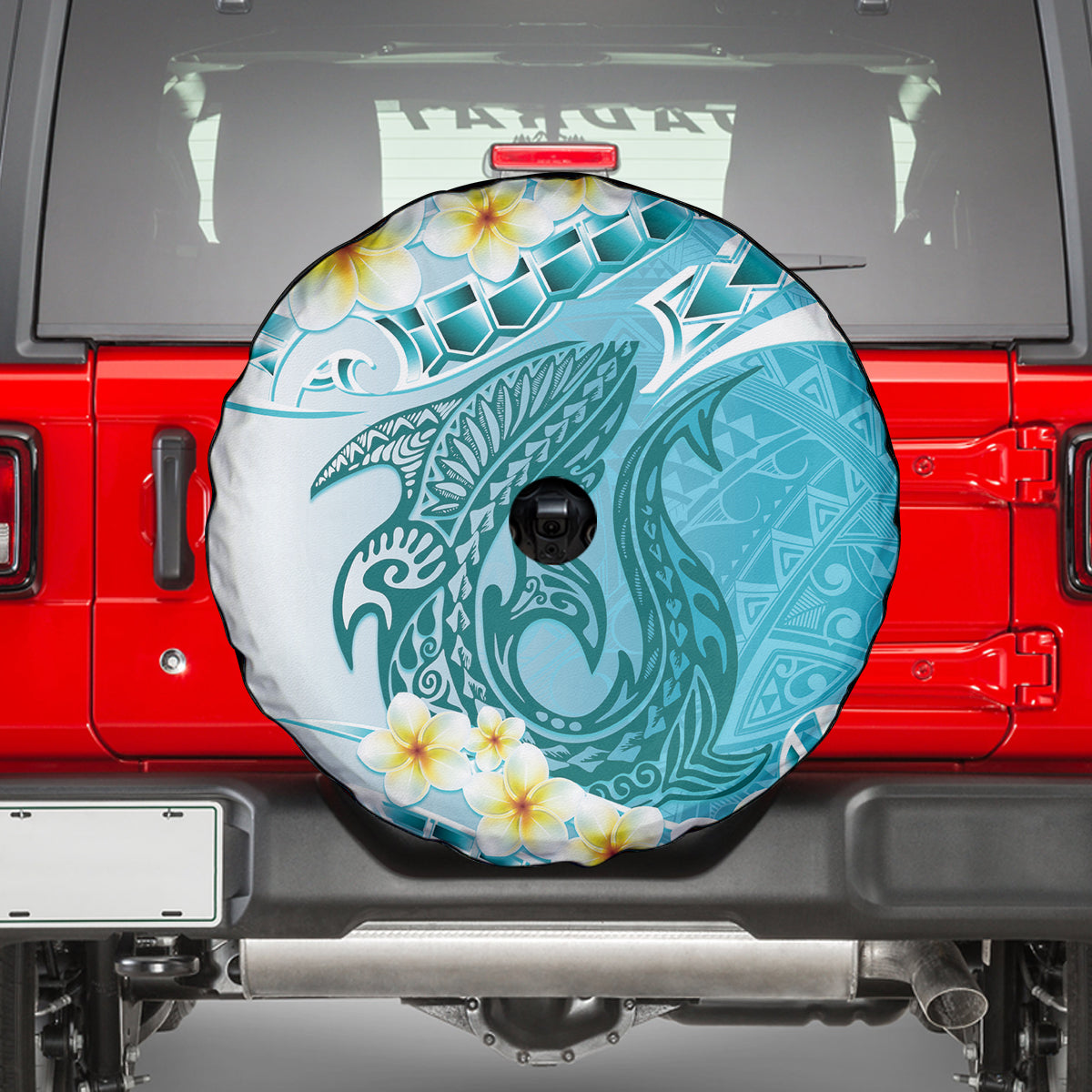 Turquoise Hawaii Shark Tattoo Spare Tire Cover Frangipani With Polynesian Pastel Version