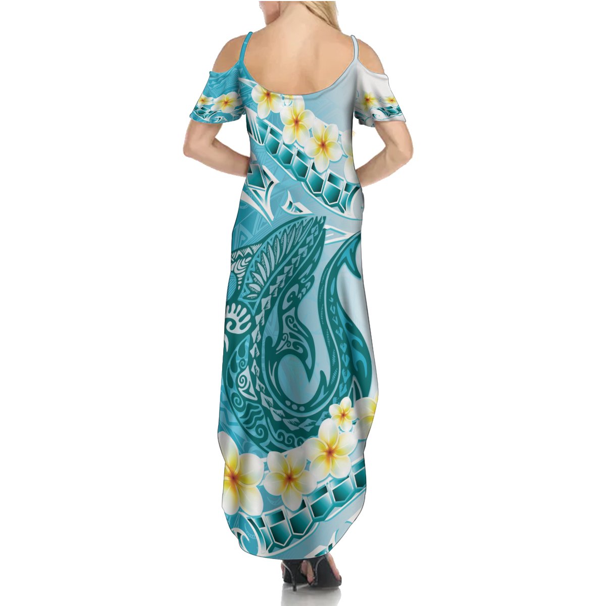 Turquoise Hawaii Shark Tattoo Summer Maxi Dress Frangipani With Polynesian Pastel Version LT14 - Polynesian Pride