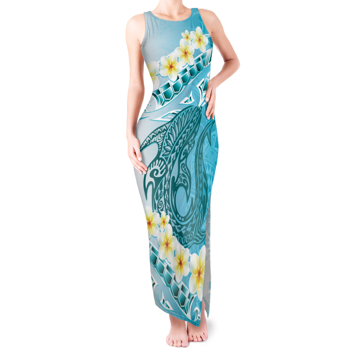 Turquoise Hawaii Shark Tattoo Tank Maxi Dress Frangipani With Polynesian Pastel Version