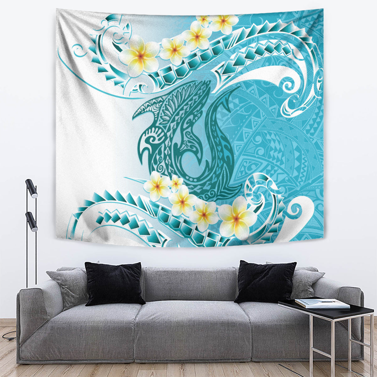 Turquoise Hawaii Shark Tattoo Tapestry Frangipani With Polynesian Pastel Version LT14 Turquoise - Polynesian Pride