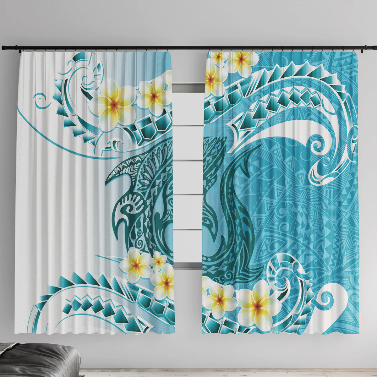 Turquoise Hawaii Shark Tattoo Window Curtain Frangipani With Polynesian Pastel Version LT14 With Hooks Turquoise - Polynesian Pride