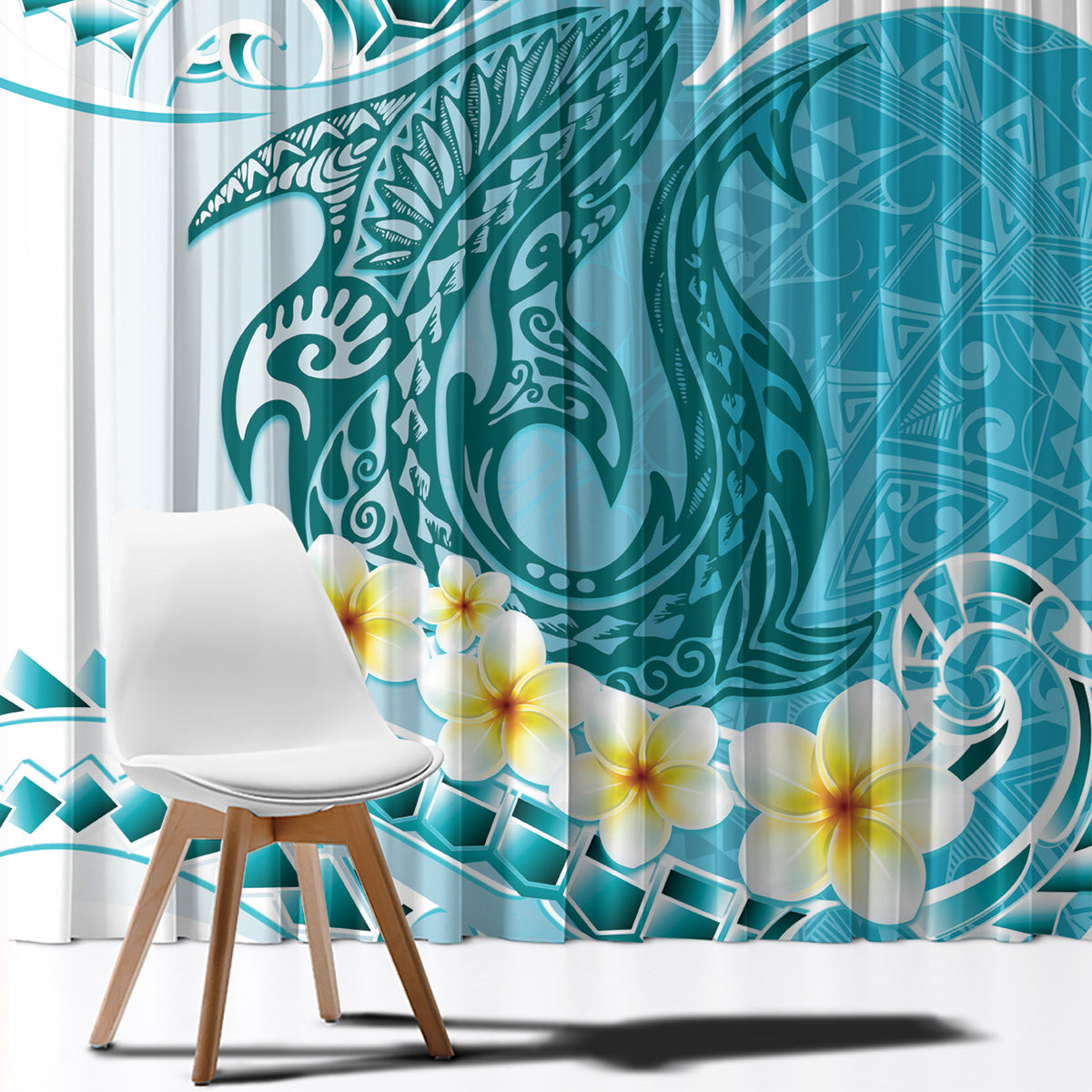Turquoise Hawaii Shark Tattoo Window Curtain Frangipani With Polynesian Pastel Version LT14 - Polynesian Pride
