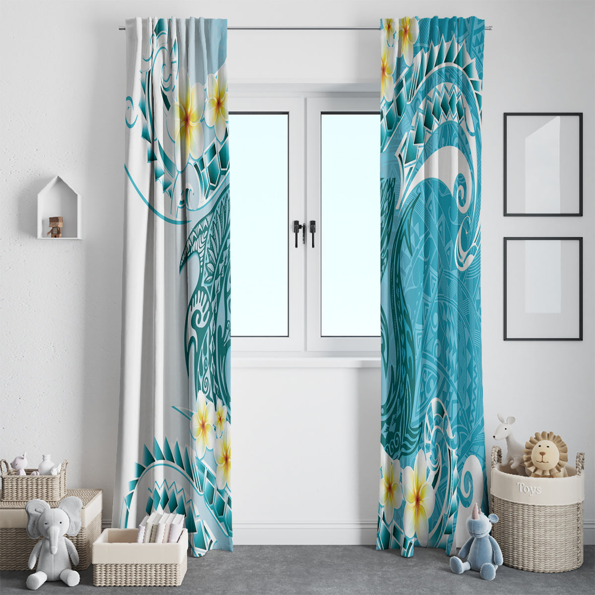 Turquoise Hawaii Shark Tattoo Window Curtain Frangipani With Polynesian Pastel Version LT14 - Polynesian Pride