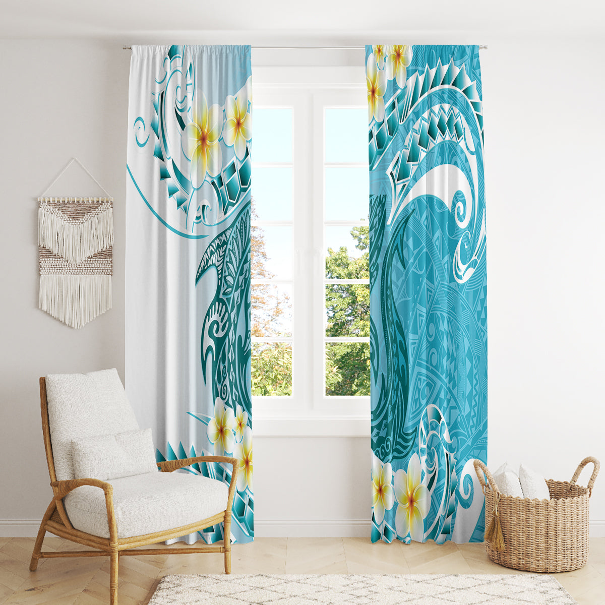 Turquoise Hawaii Shark Tattoo Window Curtain Frangipani With Polynesian Pastel Version LT14 - Polynesian Pride