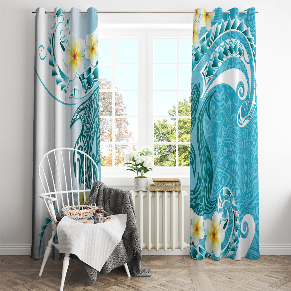Turquoise Hawaii Shark Tattoo Window Curtain Frangipani With Polynesian Pastel Version LT14 - Polynesian Pride