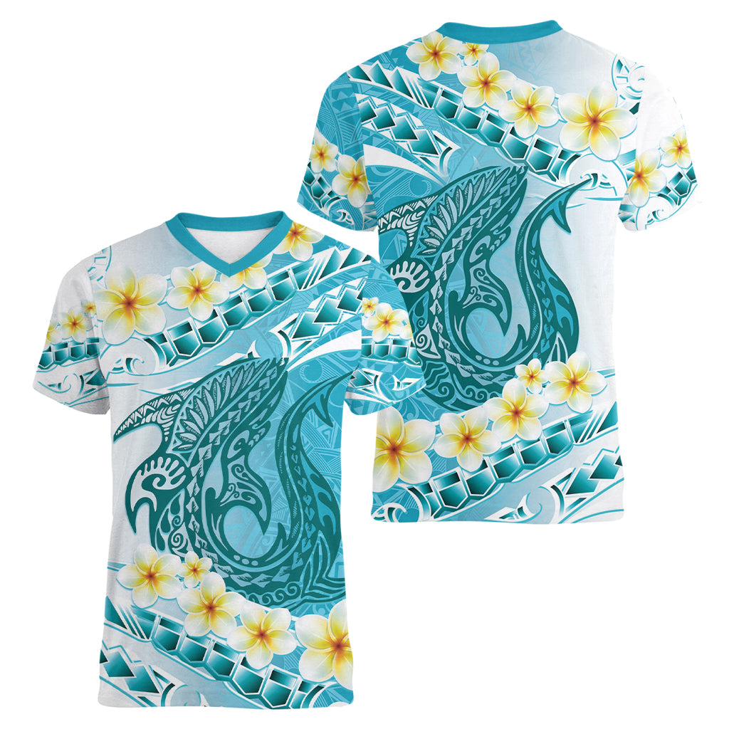 Turquoise Hawaii Shark Tattoo Women V-Neck T-Shirt Frangipani With Polynesian Pastel Version