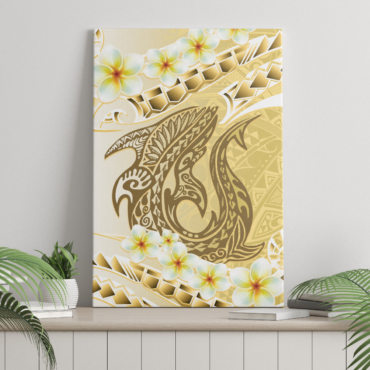 Gold Hawaii Shark Tattoo Canvas Wall Art Frangipani With Polynesian Pastel Version