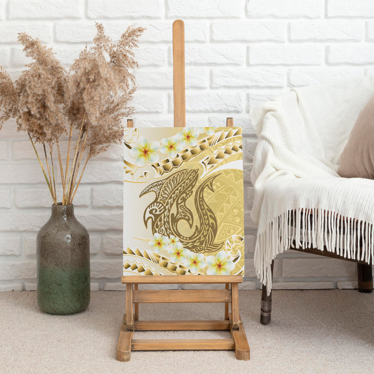 Gold Hawaii Shark Tattoo Canvas Wall Art Frangipani With Polynesian Pastel Version