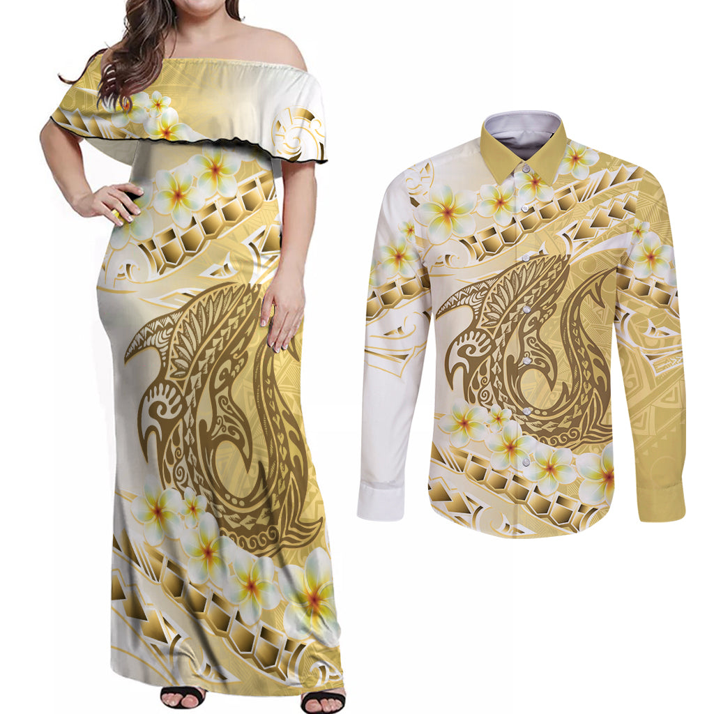 Gold Hawaii Shark Tattoo Couples Matching Off Shoulder Maxi Dress and Long Sleeve Button Shirt Frangipani With Polynesian Pastel Version