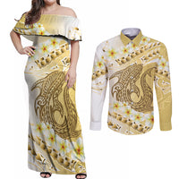 Gold Hawaii Shark Tattoo Couples Matching Off Shoulder Maxi Dress and Long Sleeve Button Shirt Frangipani With Polynesian Pastel Version