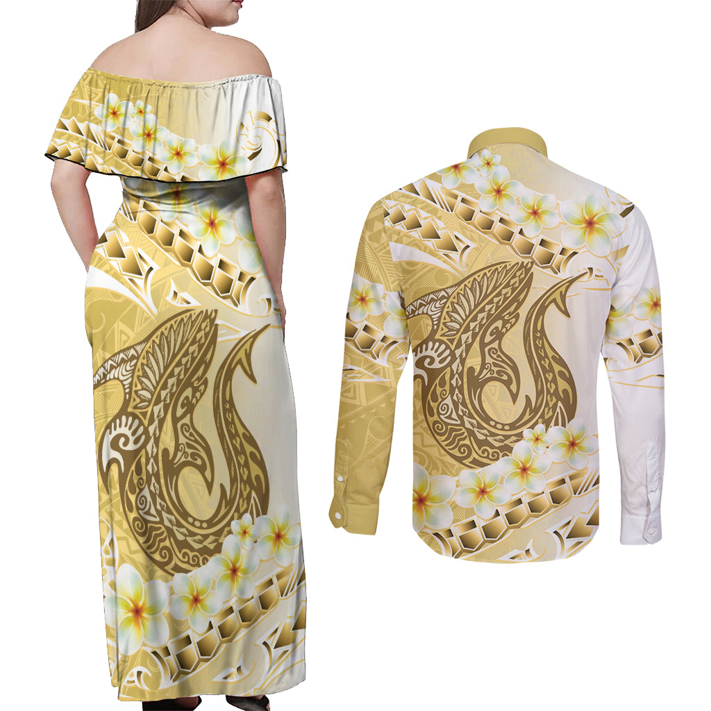 Gold Hawaii Shark Tattoo Couples Matching Off Shoulder Maxi Dress and Long Sleeve Button Shirt Frangipani With Polynesian Pastel Version