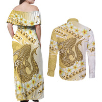 Gold Hawaii Shark Tattoo Couples Matching Off Shoulder Maxi Dress and Long Sleeve Button Shirt Frangipani With Polynesian Pastel Version