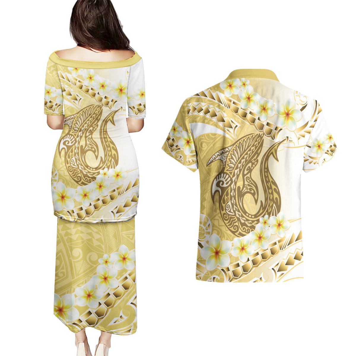Gold Hawaii Shark Tattoo Couples Matching Puletasi and Hawaiian Shirt Frangipani With Polynesian Pastel Version LT14 - Polynesian Pride