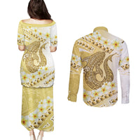 Gold Hawaii Shark Tattoo Couples Matching Puletasi and Long Sleeve Button Shirt Frangipani With Polynesian Pastel Version LT14 - Polynesian Pride