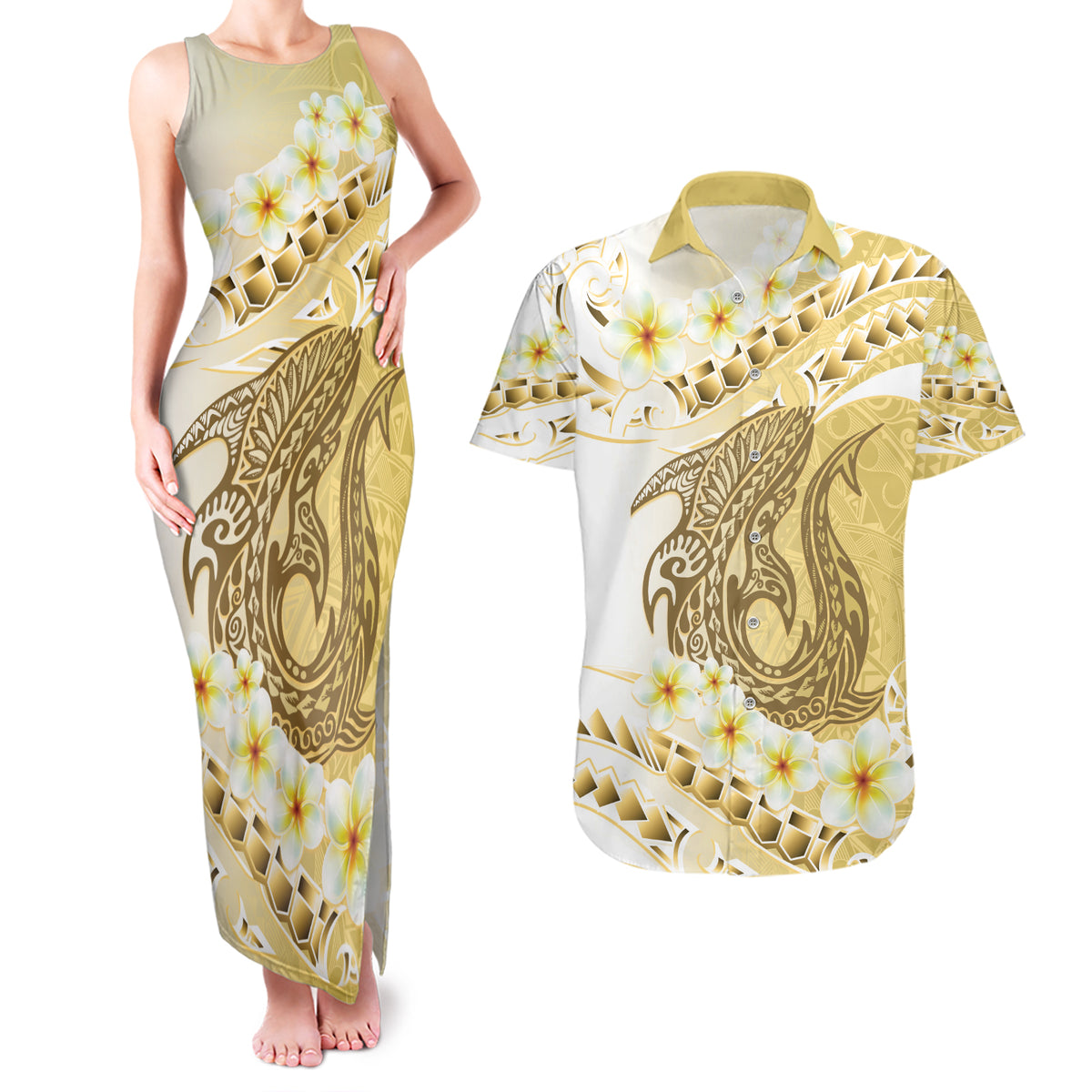 Gold Hawaii Shark Tattoo Couples Matching Tank Maxi Dress and Hawaiian Shirt Frangipani With Polynesian Pastel Version