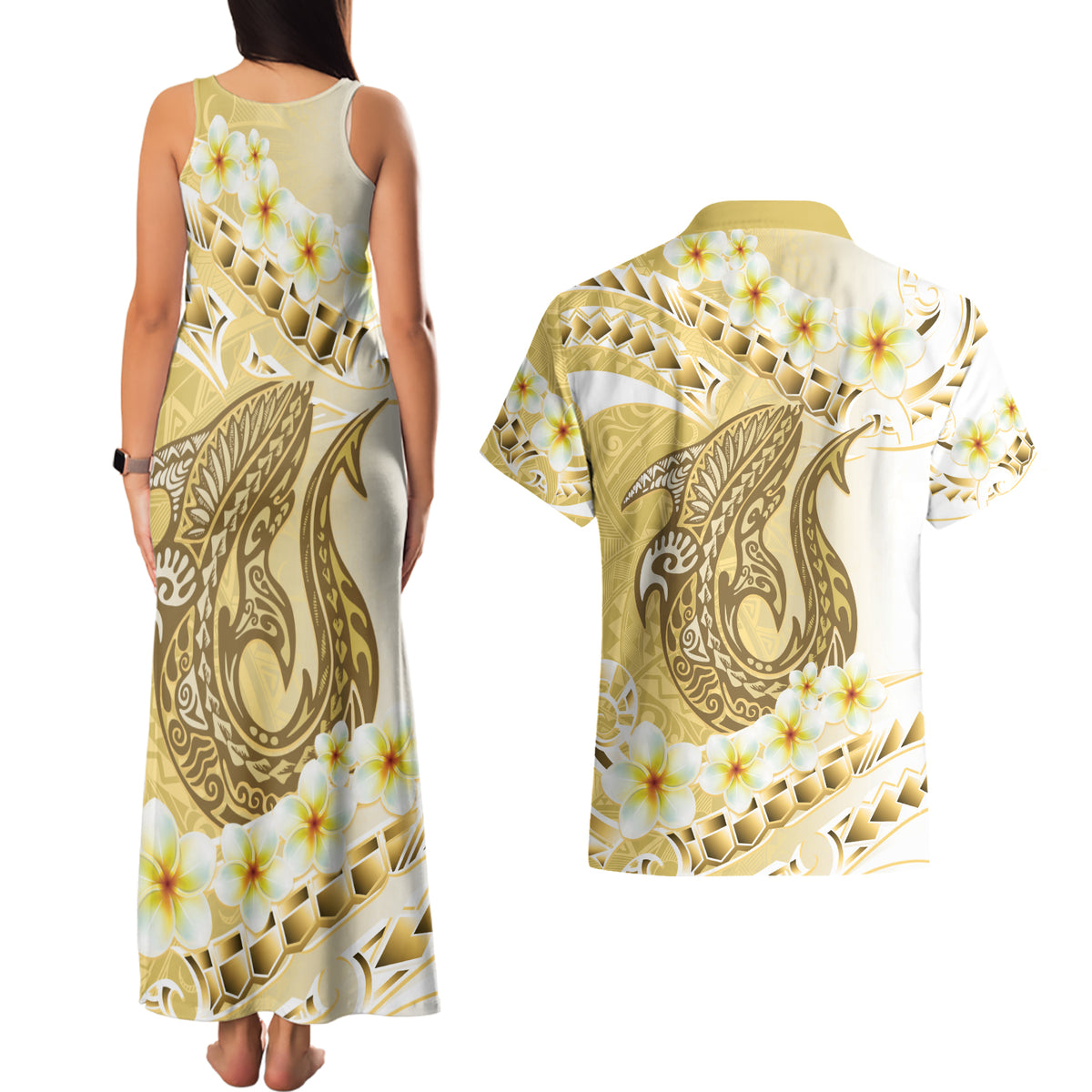 Gold Hawaii Shark Tattoo Couples Matching Tank Maxi Dress and Hawaiian Shirt Frangipani With Polynesian Pastel Version