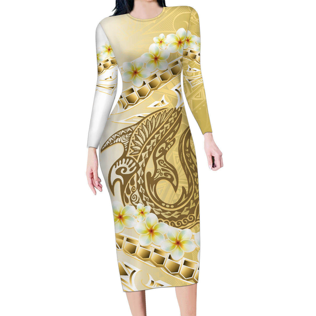 Gold Hawaii Shark Tattoo Family Matching Long Sleeve Bodycon Dress and Hawaiian Shirt Frangipani With Polynesian Pastel Version