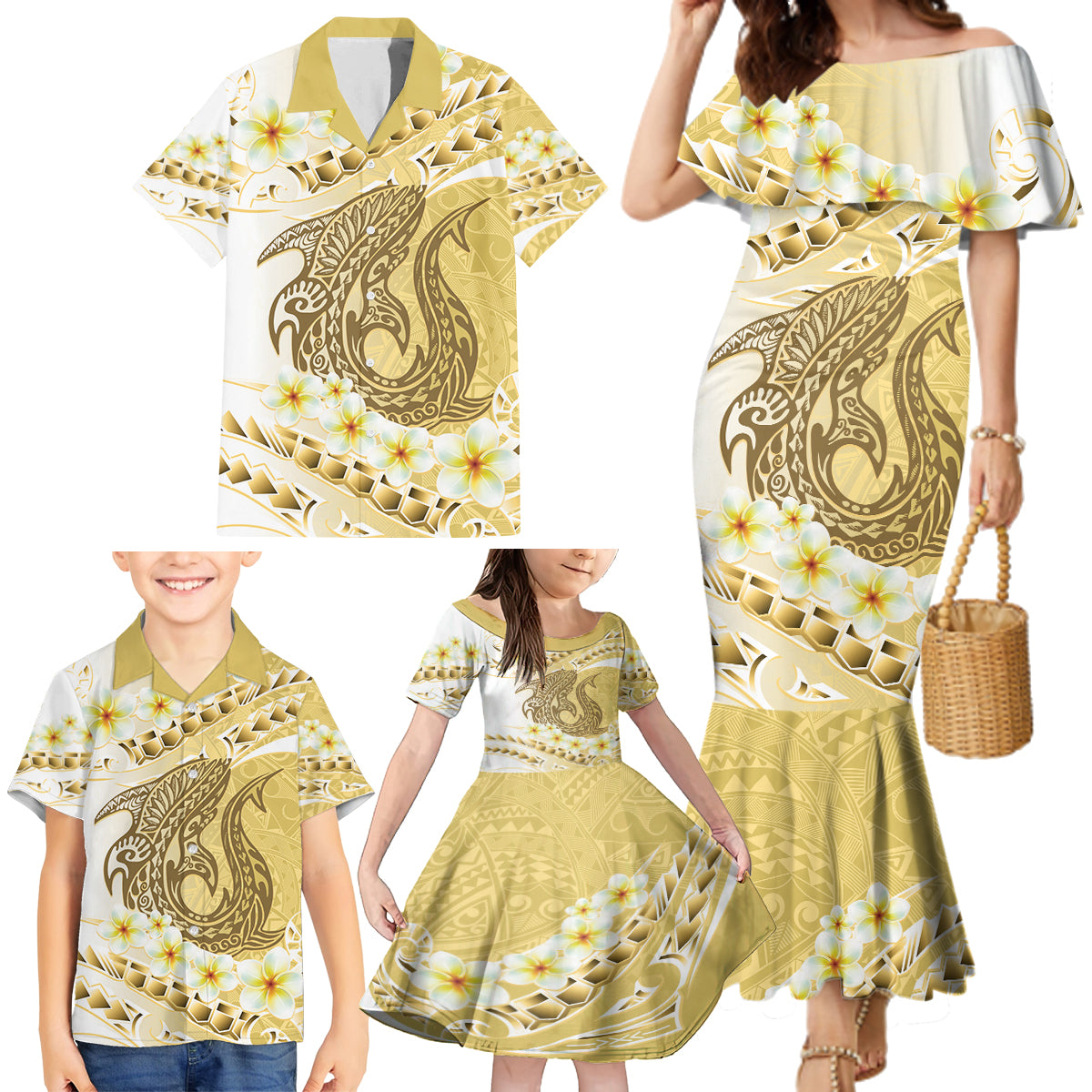 Gold Hawaii Shark Tattoo Family Matching Mermaid Dress and Hawaiian Shirt Frangipani With Polynesian Pastel Version