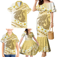 Gold Hawaii Shark Tattoo Family Matching Mermaid Dress and Hawaiian Shirt Frangipani With Polynesian Pastel Version