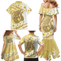 Gold Hawaii Shark Tattoo Family Matching Mermaid Dress and Hawaiian Shirt Frangipani With Polynesian Pastel Version