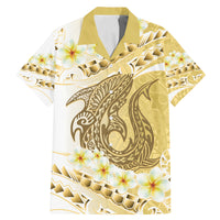 Gold Hawaii Shark Tattoo Family Matching Mermaid Dress and Hawaiian Shirt Frangipani With Polynesian Pastel Version