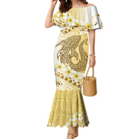 Gold Hawaii Shark Tattoo Family Matching Mermaid Dress and Hawaiian Shirt Frangipani With Polynesian Pastel Version