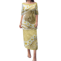 Gold Hawaii Shark Tattoo Family Matching Puletasi and Hawaiian Shirt Frangipani With Polynesian Pastel Version