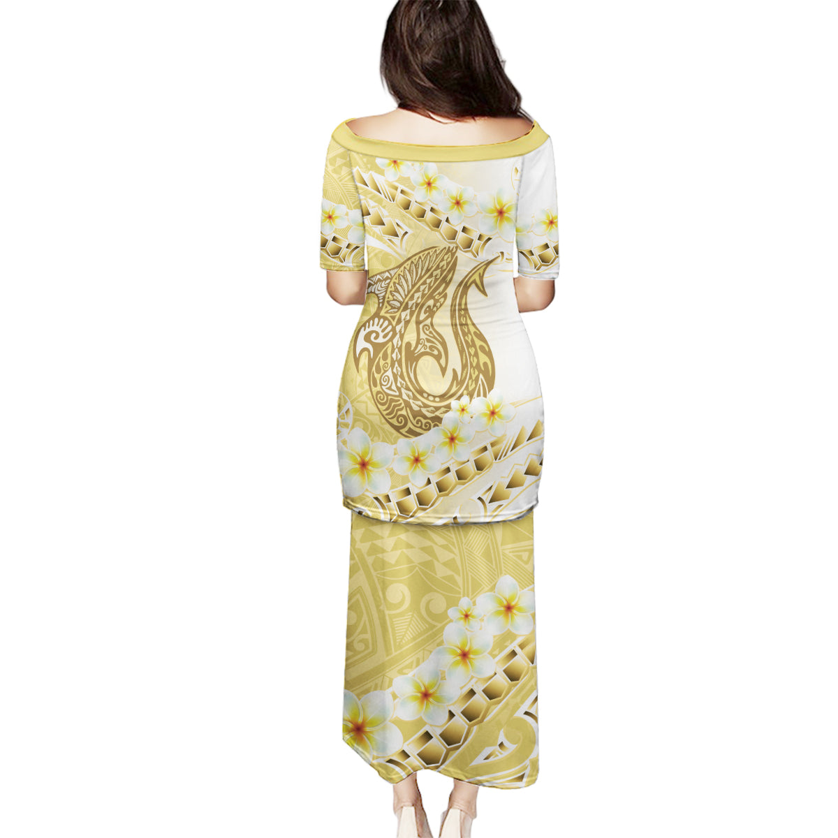 Gold Hawaii Shark Tattoo Family Matching Puletasi and Hawaiian Shirt Frangipani With Polynesian Pastel Version