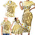 Gold Hawaii Shark Tattoo Family Matching Short Sleeve Bodycon Dress and Hawaiian Shirt Frangipani With Polynesian Pastel Version