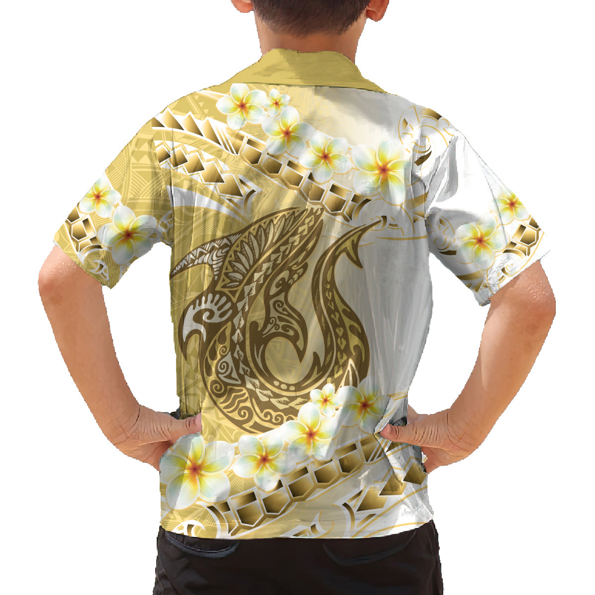 Gold Hawaii Shark Tattoo Family Matching Summer Maxi Dress and Hawaiian Shirt Frangipani With Polynesian Pastel Version LT14 - Polynesian Pride