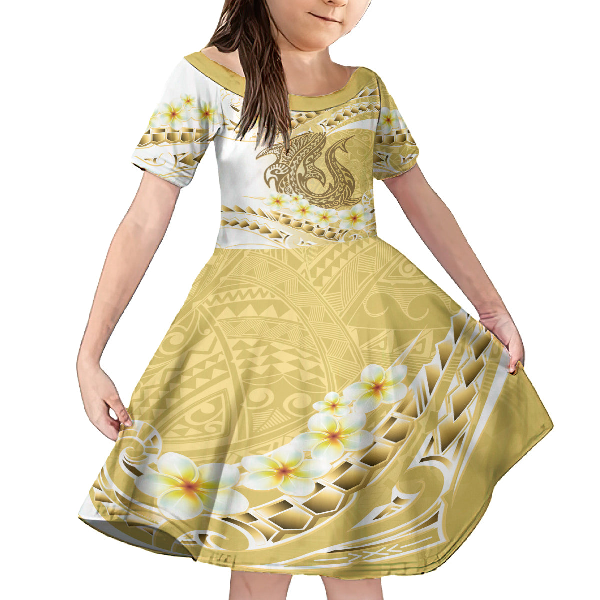 Gold Hawaii Shark Tattoo Family Matching Summer Maxi Dress and Hawaiian Shirt Frangipani With Polynesian Pastel Version LT14 Daughter's Dress Gold - Polynesian Pride