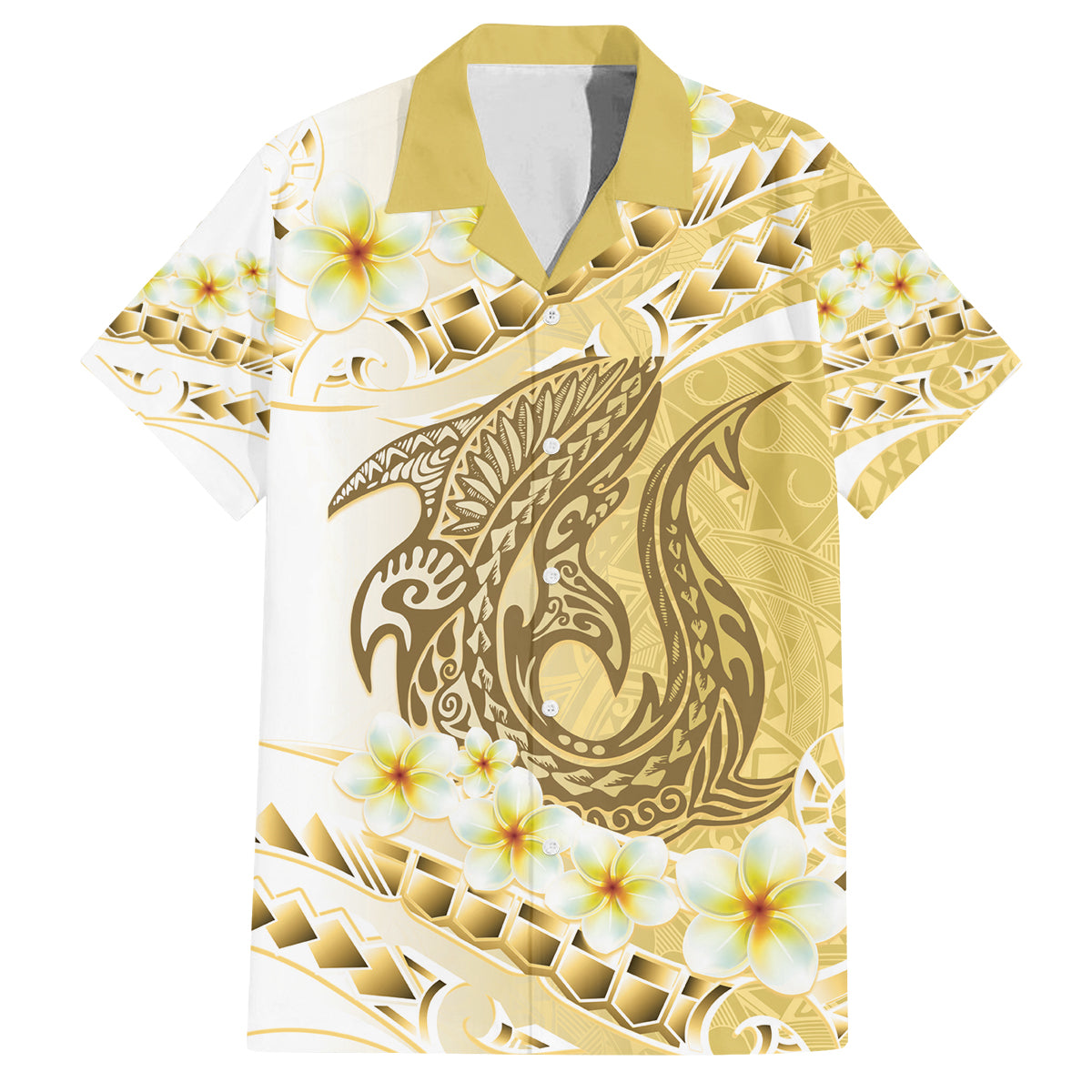 Gold Hawaii Shark Tattoo Family Matching Summer Maxi Dress and Hawaiian Shirt Frangipani With Polynesian Pastel Version LT14 Dad's Shirt - Short Sleeve Gold - Polynesian Pride