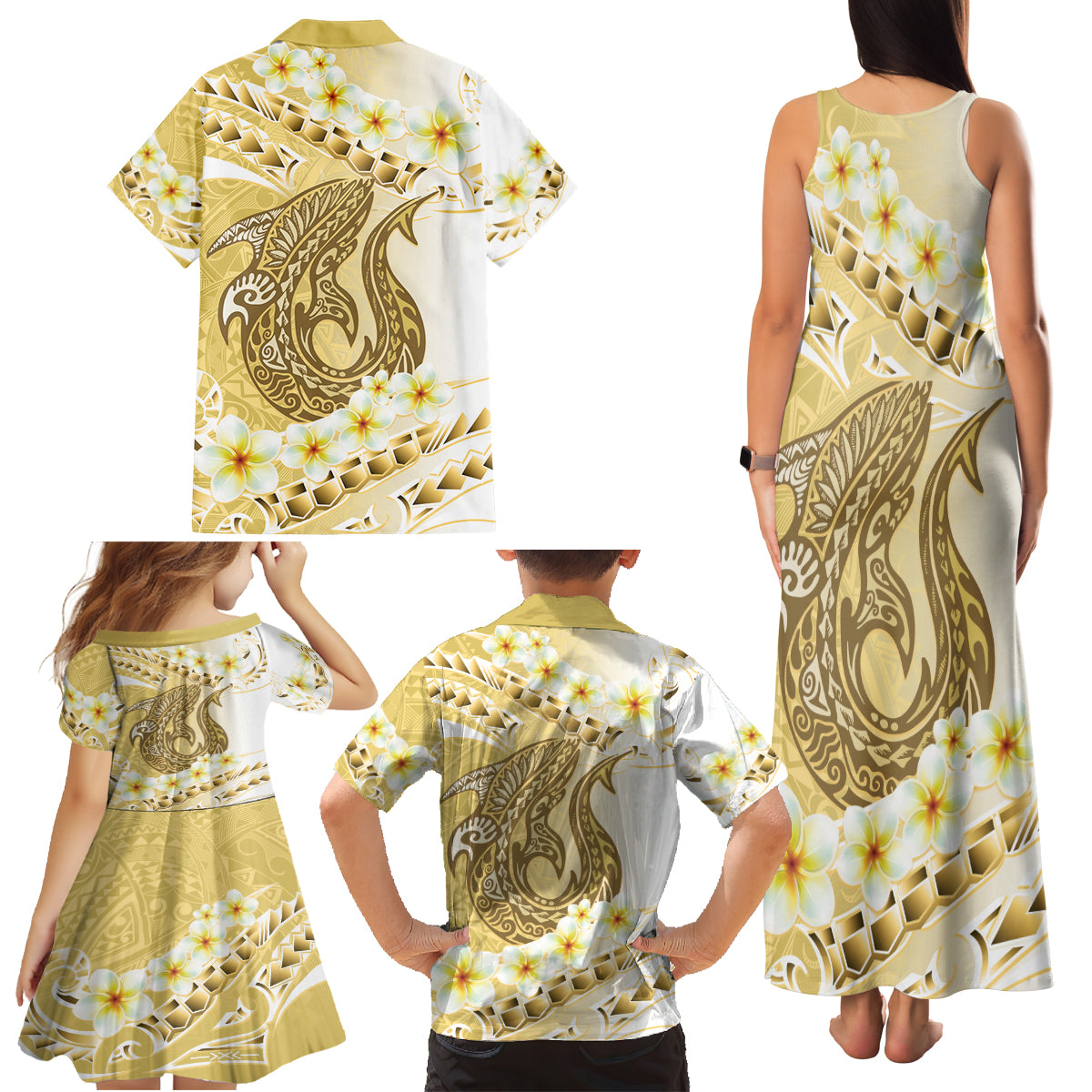 Gold Hawaii Shark Tattoo Family Matching Tank Maxi Dress and Hawaiian Shirt Frangipani With Polynesian Pastel Version