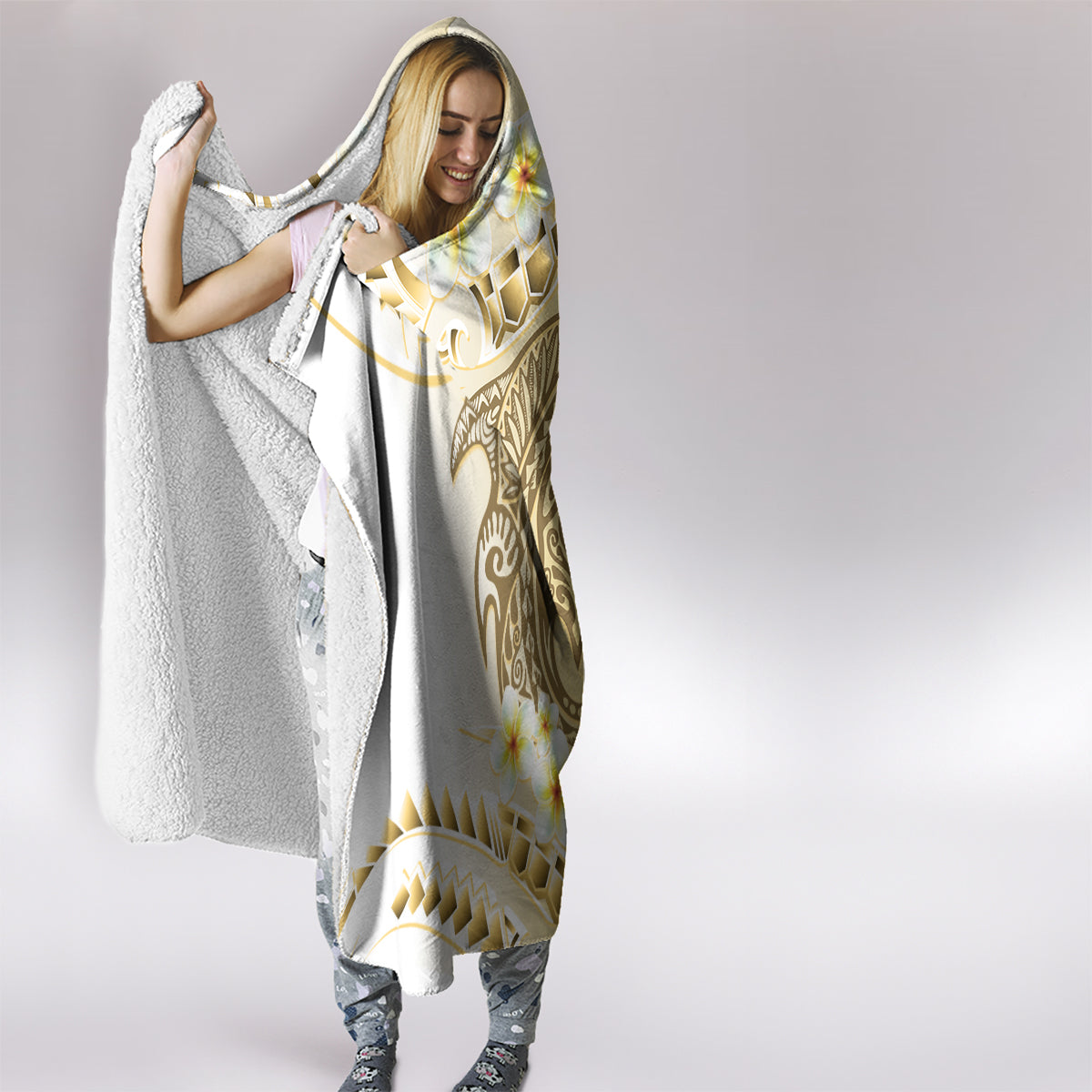 Gold Hawaii Shark Tattoo Hooded Blanket Frangipani With Polynesian Pastel Version LT14 - Polynesian Pride
