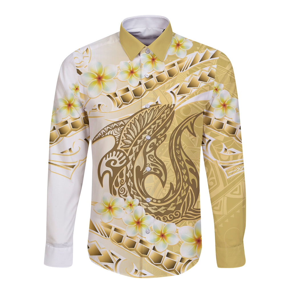 Gold Hawaii Shark Tattoo Long Sleeve Button Shirt Frangipani With Polynesian Pastel Version LT14 Unisex Gold - Polynesian Pride