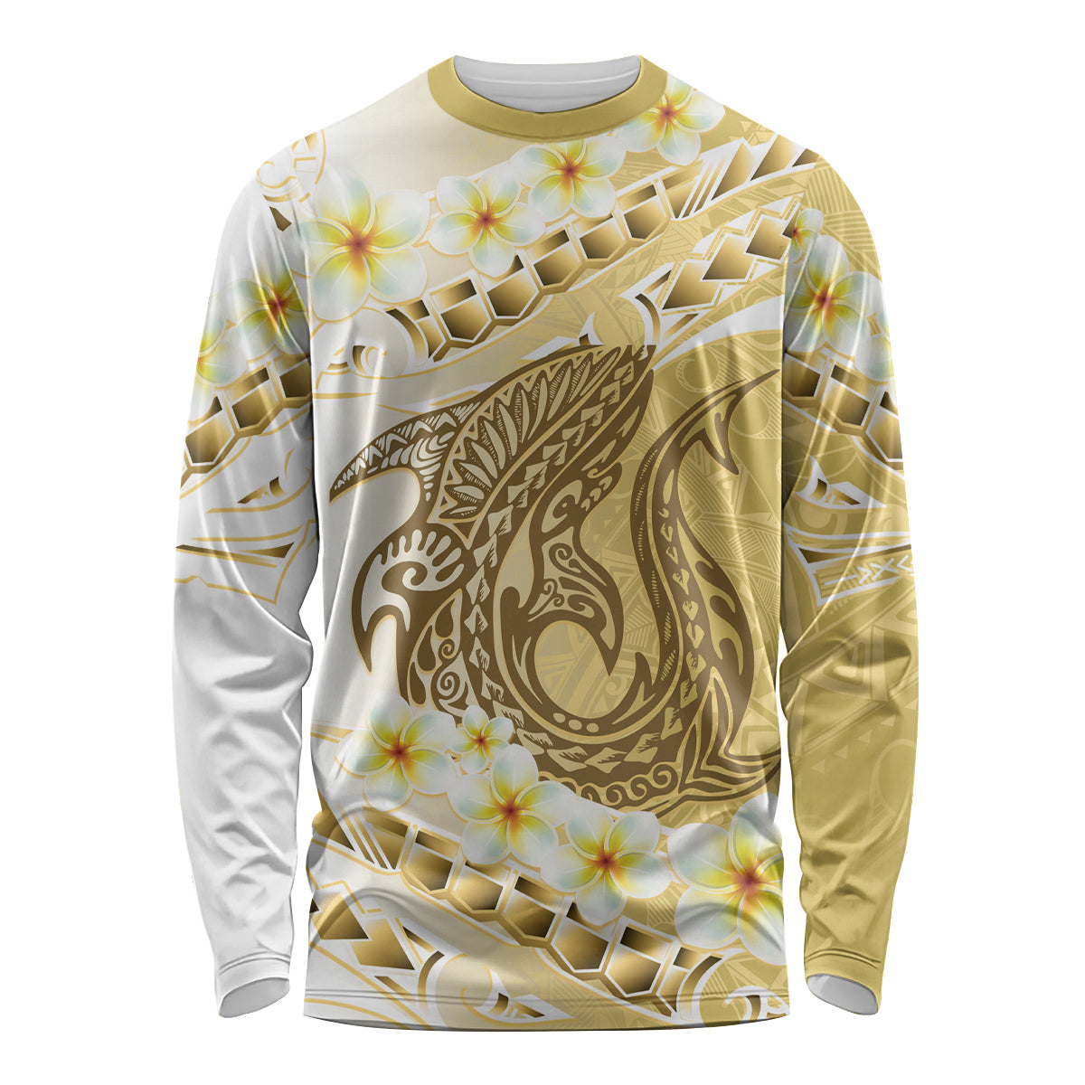 Gold Hawaii Shark Tattoo Long Sleeve Shirt Frangipani With Polynesian Pastel Version LT14 Unisex Gold - Polynesian Pride