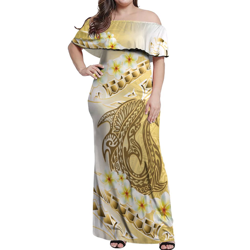 Gold Hawaii Shark Tattoo Off Shoulder Maxi Dress Frangipani With Polynesian Pastel Version