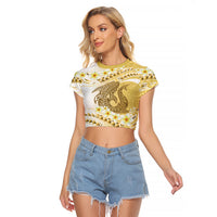 Gold Hawaii Shark Tattoo Raglan Cropped T Shirt Frangipani With Polynesian Pastel Version