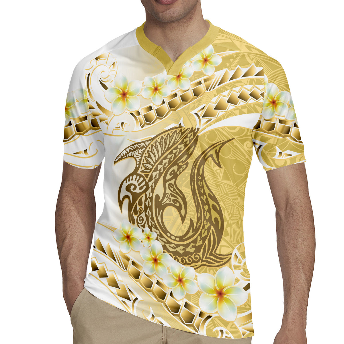 Gold Hawaii Shark Tattoo Rugby Jersey Frangipani With Polynesian Pastel Version