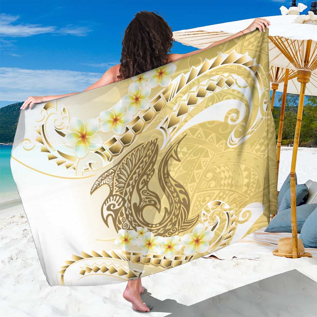 Gold Hawaii Shark Tattoo Sarong Frangipani With Polynesian Pastel Version