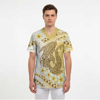Gold Hawaii Shark Tattoo Scrub Top Frangipani With Polynesian Pastel Version - Polynesian Pride