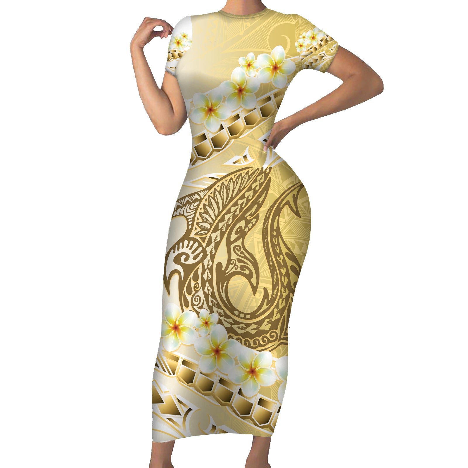 Gold Hawaii Shark Tattoo Short Sleeve Bodycon Dress Frangipani With Polynesian Pastel Version