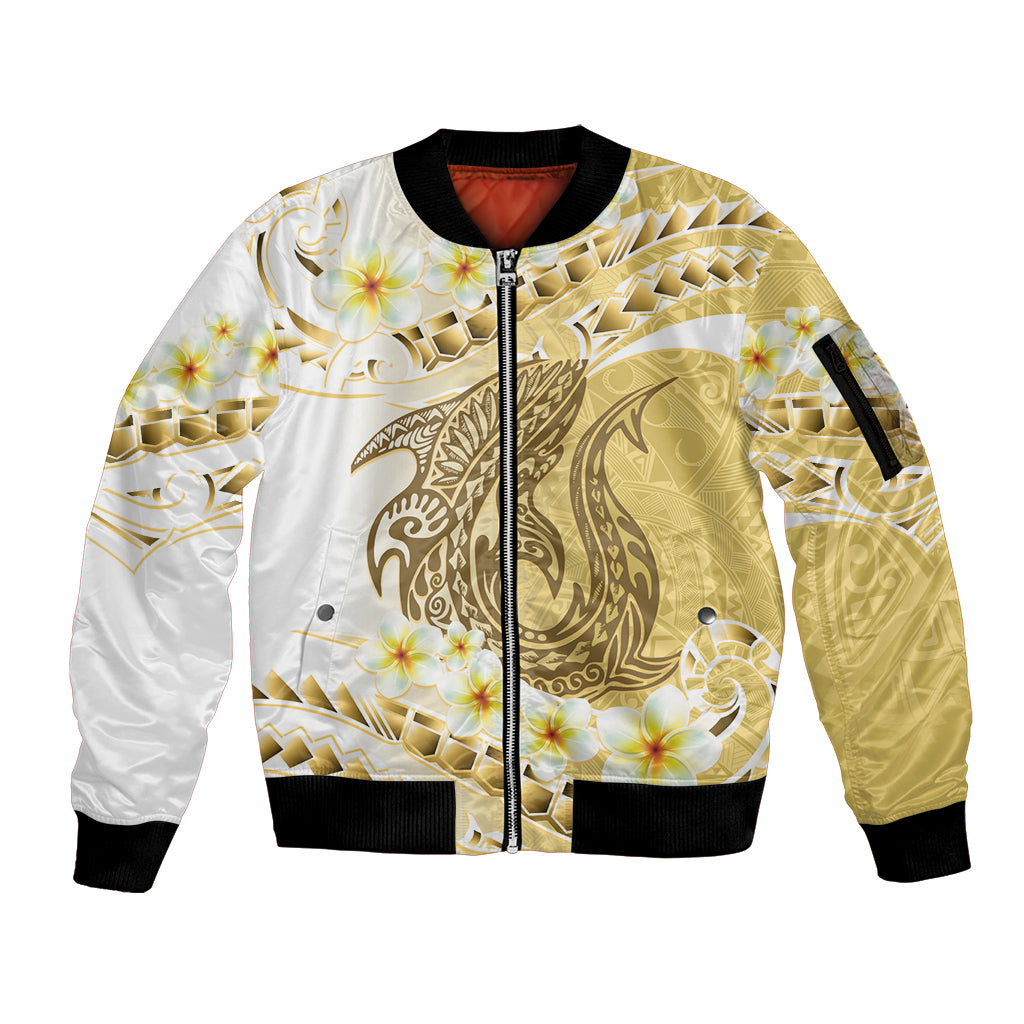Gold Hawaii Shark Tattoo Sleeve Zip Bomber Jacket Frangipani With Polynesian Pastel Version LT14 Unisex Gold - Polynesian Pride