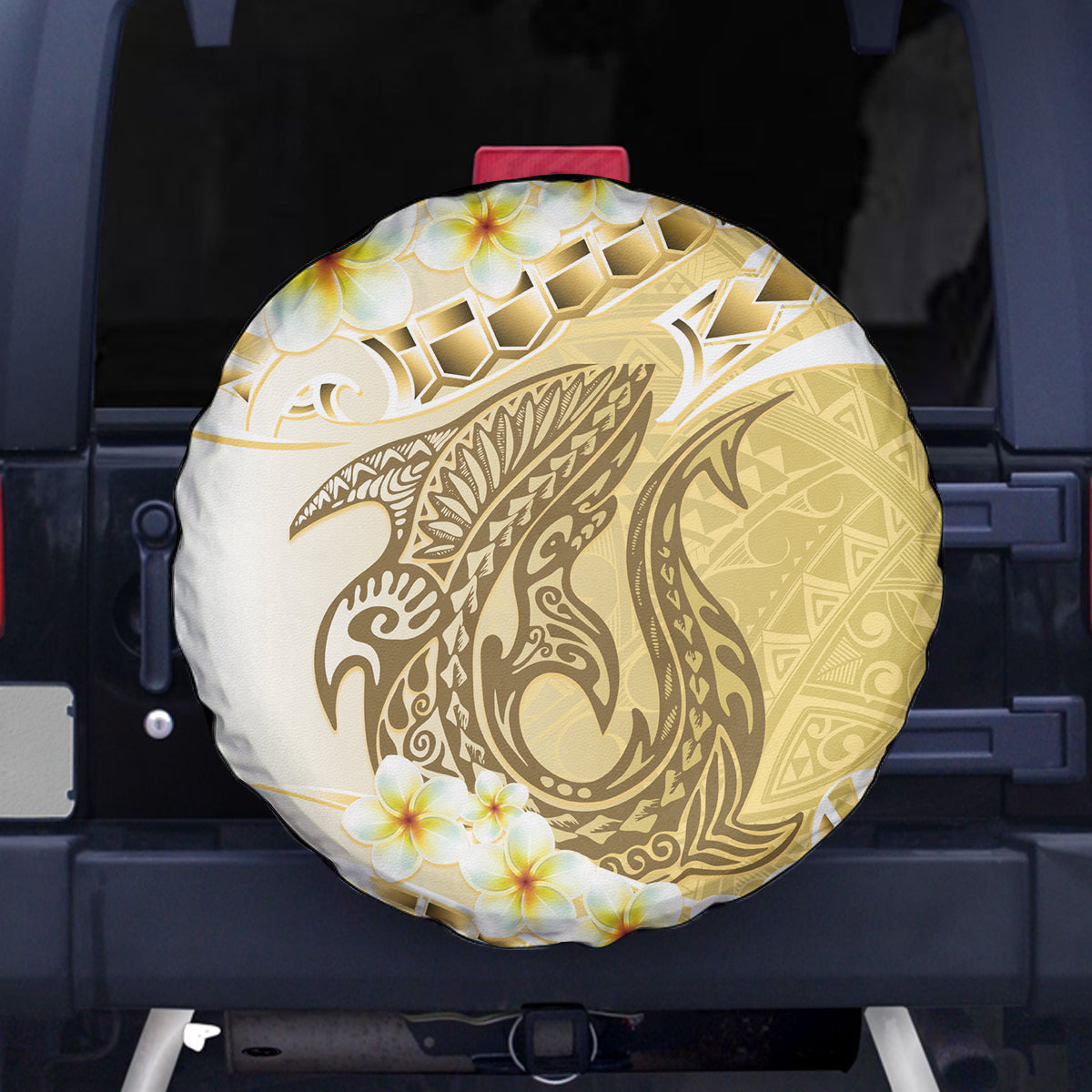 Gold Hawaii Shark Tattoo Spare Tire Cover Frangipani With Polynesian Pastel Version