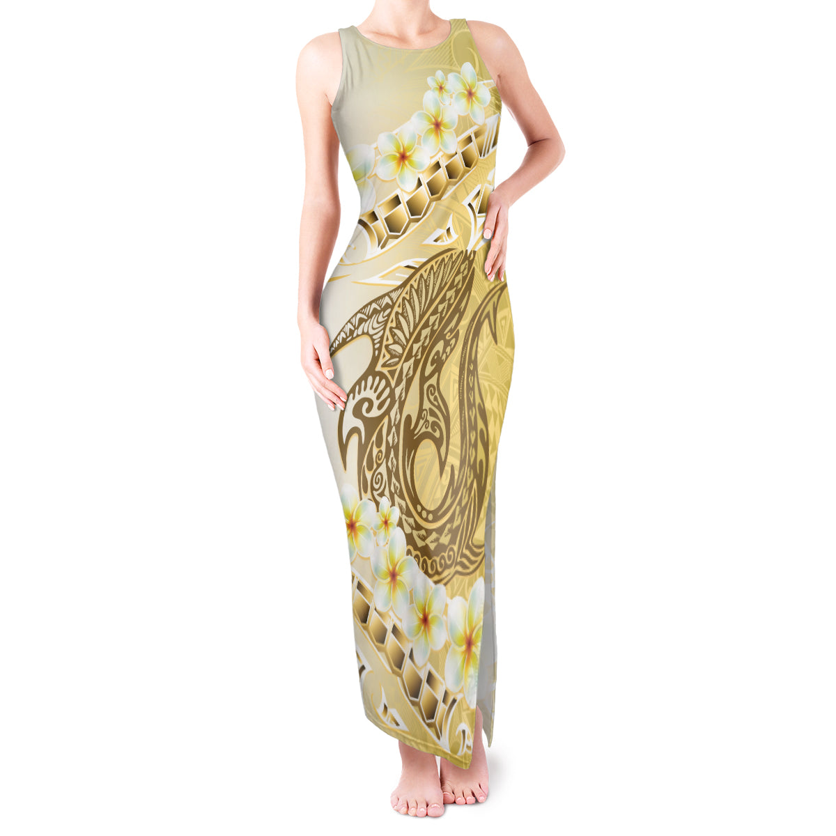 Gold Hawaii Shark Tattoo Tank Maxi Dress Frangipani With Polynesian Pastel Version